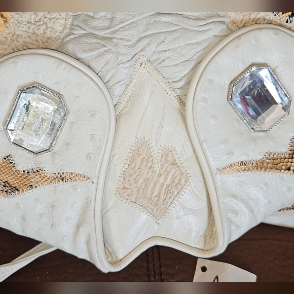 PELLE Vintage 80s Shoulder Bag Envelope Purse Ostrich Embossed Cream Leather - Picture 14 of 15